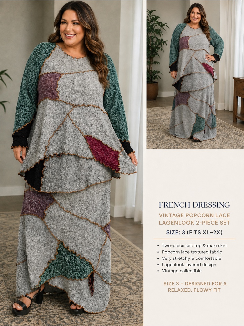 French Dressing Vintage Popcorn Lagenlook Patchwork 2 Piece Maxi Set Size 3
